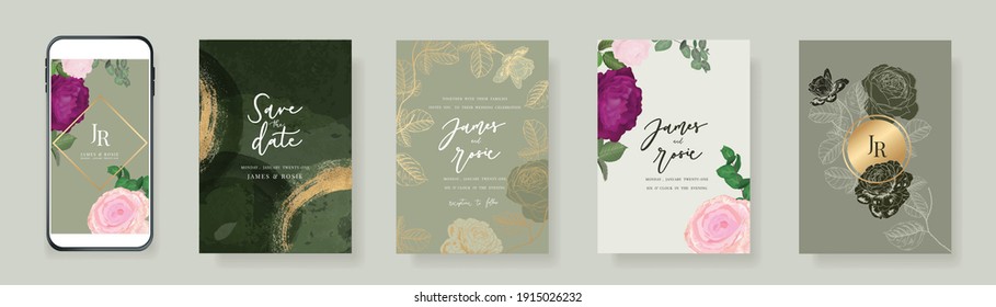 Luxury green Social Media Wedding invite frame templates. Vector background. Mockup for social media banner. mobile Floral golden collage layout design.