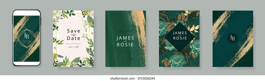 Luxury green Social Media Wedding invite frame templates. Vector background. Mockup for social media banner. mobile Floral golden collage layout design.