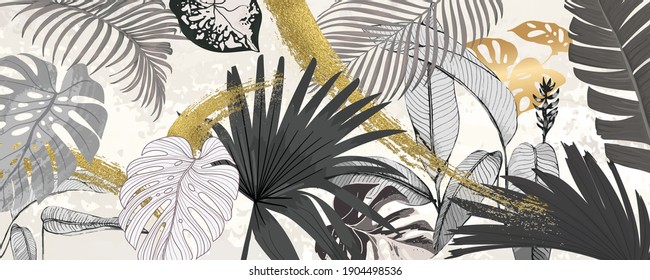 Luxury green summer background and wallpaper vector with golden metallic decorate wall art