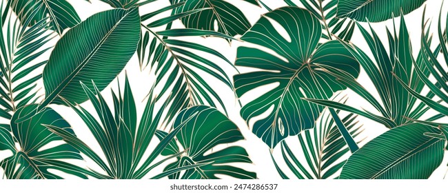 Luxury green summer tropical seamless pattern with green monstera leaves, fern and other tropical plants. Floral print, vector illustration.