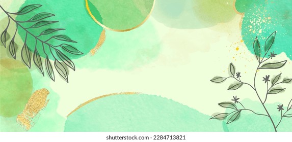 Luxury green wallpaper design with Leaves line art, golden texture. Floral vector watercolor background. Elegant gold illustration for card, cover.