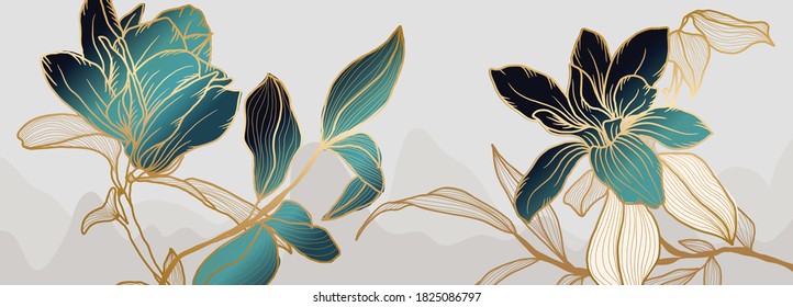 Luxus-grün-weißer magnolischer Hintergrund, Vektorgrafik mit goldener metallischer Dekoration 