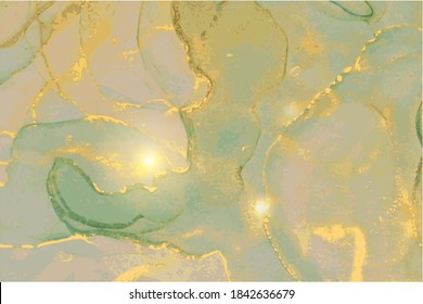 Luxury green, yellow, grey, and gold stone marble texture. Alcohol ink technique abstract vector background. Modern paint in natural colors with glitter. Banner, poster design template.