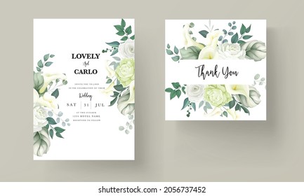 luxury greenery lily and rose flower wedding invitation card