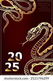 Luxury greeting card with coiled gold snake on red background and text - 2025 Happy new year, Merry Christmas. Year of the snake (Chinese horoscope or Oriental zodiac sign) invitation poster