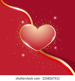 Luxury greeting card design template, cover, post, banner. Bright heart with gold shine and glitter on red background with abstract waves. Space for text.  