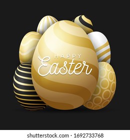 Luxury Greeting card Easter eggs Vector illustration. A large golden egg in the foreground with congratulatory text inside and many small eggs hidden in the background. Black background.