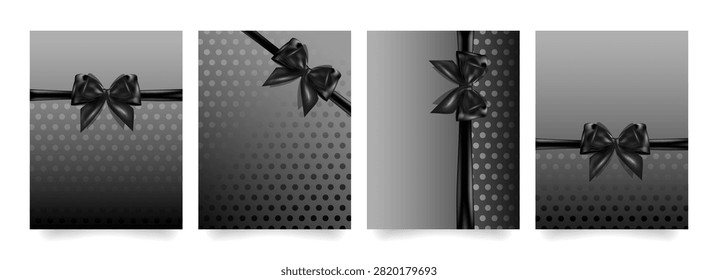 Luxury Greeting Card, gift cards templates set with elegant Black satin ribbons, bows, stylis backgrounds for premium gift cards, invitations, vouchers, branding, packaging designs. Vector graphics