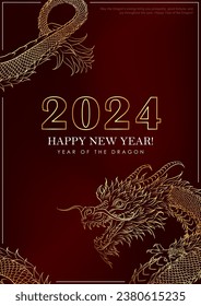 Luxury greeting card with golden hand drawn Asian dragon as a symbol of 2024 New Year. Dragon as Chinese traditional horoscope sign on red gradient background. A4 poster for Christmas holidays