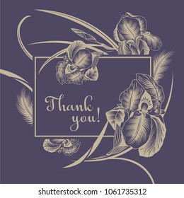 Luxury greeting card with the words of gratitude. Golden irises on a violet background in the baroque style. Vector illustration