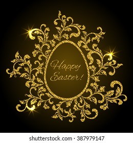 Luxury greeting postcard for Easter.  Frame in the shape of an egg made of floral elements on a black background.
