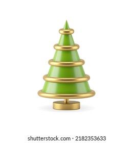 Luxury greeting souvenir green Christmas tree decorated by glossy metallic golden design elements realistic vector illustration. Cute traditional winter holiday symbol Xmas spruce for festive interior