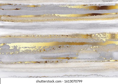 Luxury Grey Watercolor And Gold Texture Background. Abstract Hand Drawn Art.  