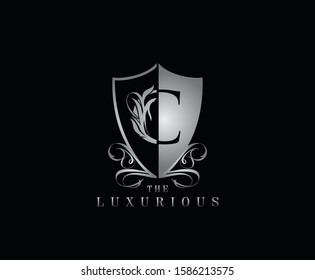 Luxury Guard C Letter Logo Icon. Silver C With Classy Shield Shape design perfect for fashion, Jewelry, Beauty Salon, Cosmetics, Spa, Hotel and Restaurant Logo. 