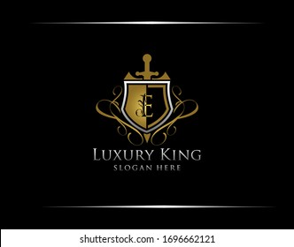 Logotipo de carta de lujo y protección E, marca Gold E Vintage Shield