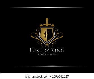 Luxury Guard F Letter Logo, Gold F Vintage Shield Brand perfect for boutique, hotel, restaurant, wedding and other elegant business. 