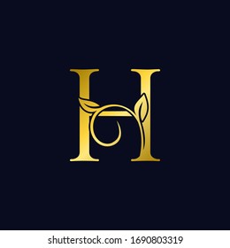 Luxury H Initial Letter Logo gold color, vector design concept ornate swirl floral leaf ornamen with initial letter alphabet for luxury style.