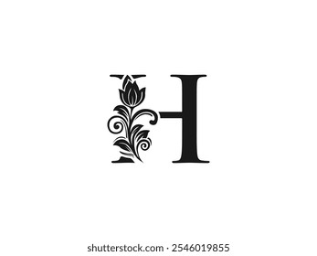 Logotipo de letra H dibujado a mano de lujo. Elegante logotipo floral y ornamentado H. Diseño caligráfico personalizado. Antiguas y Diseño Sofisticado. Atemporal, estilo real, refinado y con clase. Arte de logotipo personalizado hecho a mano.