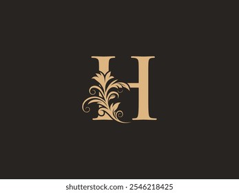 Logotipo de letra H dibujado a mano de lujo. Elegante diseño floral y adornado. Arte personalizado del logotipo de Antiguas H con estilo real atemporal. Marca artesanal sofisticada, refinada y con clase en estilo caligráfico.