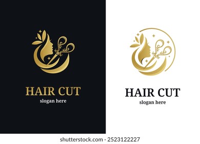 luxury Hair salon with hair and Scissors Concept logo design icon template	