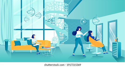 Luxury Hairdressing Beauty Salon Interior. Beautiful Young Women. Lady Getting Haircut. Female Hairdresser at Work. Client Waiting for Turn Reading Fashion Magazine. Vector Flat Cartoon Illustration