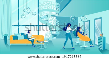 Luxury Hairdressing Beauty Salon Interior. Beautiful Young Women. Lady Getting Haircut. Female Hairdresser at Work. Client Waiting for Turn Reading Fashion Magazine. Vector Flat Cartoon Illustration