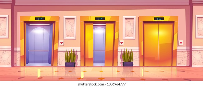 Luxury Hallway Interior With Golden Elevator Doors, Marble Wall And Plants. Vector Cartoon Illustration Of Empty Office Lobby, Hotel Hall Or Waiting Area With Gold Lift