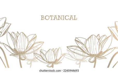 Luxury hand drawn botanical leaves line art background. Elegant gradient gold lotus flowers line art, leaves and tropical foliage. Design for wedding invitation, cover, print, decoration, template.