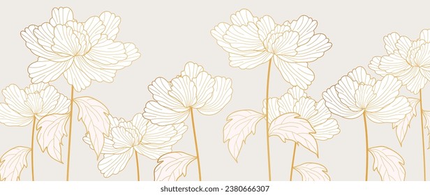 Las hojas botánicas dibujadas a mano de lujo alinean el fondo del arte. peonías elegantes, líneas de oro gradiente de flores de peonía, hojas y follaje tropical. Diseño para invitación a boda, portada, impresión, decoración, tem