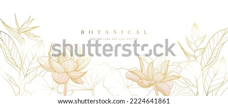 Luxury hand drawn botanical leaves line art background. Elegant gradient gold lotus flowers line art, leaves and tropical foliage. Design for wedding invitation, cover, print, decoration, template.