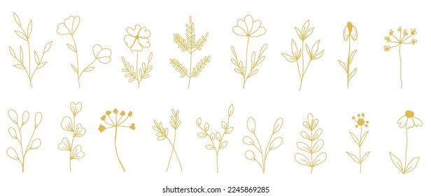 Luxury hand drawn botanical vector set. Collection of abstract gradient golden spring wild flowers, grass, leaf branch in minimal line art. Design illustration for logo, wedding, invitation, decor
