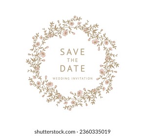 Luxury hand drawn circle floral frame in line art style. Elegant vintage wreath. Vector illustration for label, corporate identity, branding, wedding invitation, greeting card, save the date