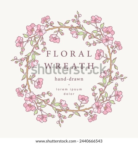 Luxury hand drawn circle frame with spring blooming branches, leaves and flowers. Elegant vintage wreath. Vector illustration for label, branding, wedding invitation, greeting card, save the date