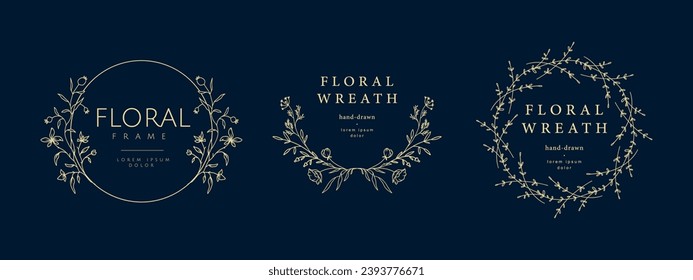 Marcos florales de lujo dibujados a mano. Elegante juego de coronas vintage. Ilustración vectorial para etiqueta, identidad corporativa, logotipo, marca, invitación a boda, tarjeta de saludo, guardar la fecha