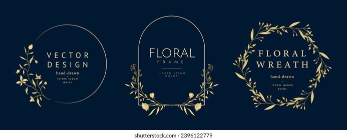 Marcos florales de lujo dibujados a mano. Elegante juego de coronas vintage. Ilustración vectorial para etiqueta, identidad corporativa, logotipo, marca, invitación a boda, tarjeta de saludo, guardar la fecha