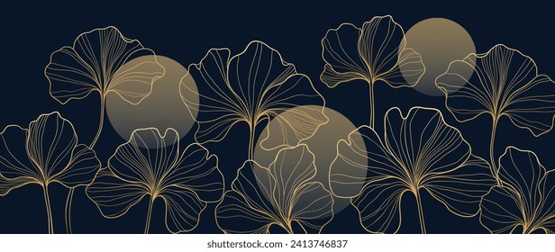 Luxury hand drawn flower background vector. Elegant gradient gold floral line art, moon on blue background. Oriental design for wedding invitation, cover, print, decoration, template.