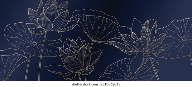 Luxury hand drawn lotus flowers background vector. Elegant gradient gold lotus flowers line art, leaves on blue background. Oriental design for wedding invitation, cover, print, decoration, template.