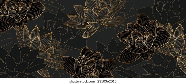 Vector de fondo de flores de loto dibujado a mano de lujo. Elegante gradiente de flores de loto dorado línea arte, hojas sobre fondo oscuro. Diseño oriental para invitación a boda, portada, impresión, decoración, plantilla.