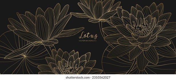 Luxury hand drawn lotus flowers background vector. Elegant gradient gold lotus flowers line art, leaves on dark background. Oriental design for wedding invitation, cover, print, decoration, template.