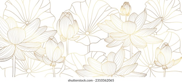 Luxury hand drawn lotus flowers background vector. Elegant gradient gold lotus flowers line art, leaves on white background. Oriental design for wedding invitation, cover, print, decoration, template.