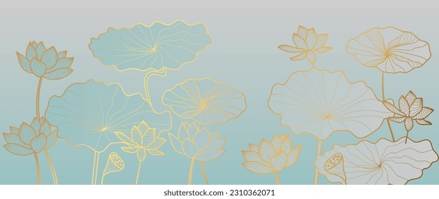 Vector de fondo de flores de loto dibujado a mano de lujo. Elegante gradiente de flores de loto dorado línea arte, hojas sobre fondo azul. Diseño oriental para invitación a boda, portada, impresión, decoración, plantilla.