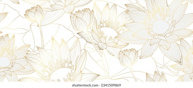 Luxury hand drawn lotus flowers background vector. Elegant gradient gold lotus flowers line art, leaves on white background. Oriental design for wedding invitation, cover, print, decoration, template.