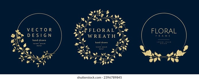 Marco floral redondo de lujo a mano. Elegante juego de coronas vintage. Ilustración vectorial para etiqueta, identidad corporativa, logotipo, marca, invitación a boda, tarjeta de saludo, guardar la fecha