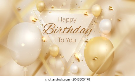 Luxury happy birthday card background, balloons and golden ribbon and blurred line element, greeting template backdrop design, modern cover. 3d realistic vector illustration.