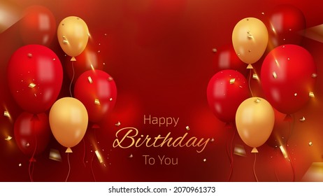 Luxury happy birthday card background with elements balloons and ribbon with glitter light effects.