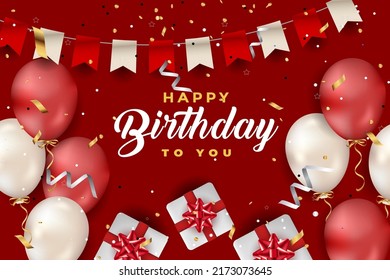luxury happy birthday greeting template with balloon, birthday flag and glitter	