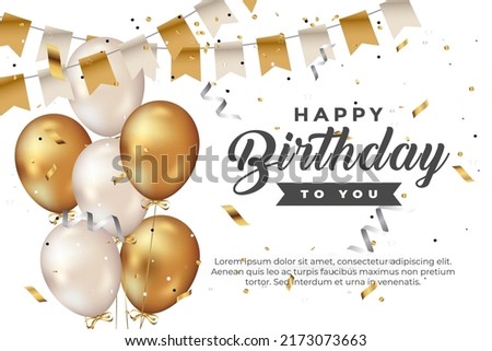 luxury happy birthday greeting template with balloon, birthday flag and glitter	