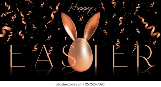 Luxury happy Easter card, banner, poster, greeting card, holiday cover, header for web, hunt celebration design. Happy easter eggs banner background card. Template with golden eggs. Egg and bunny ears