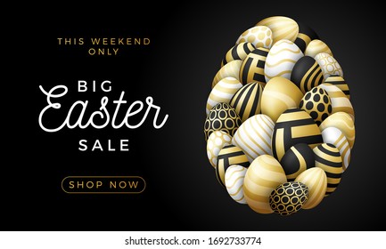 Luxury Happy easter card with eggs. Many beautiful golden realistic eggs are laid out in the shape of a large egg. Vector illustration for easter on black background.