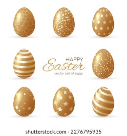 Luxury Happy easter card with eggs. Many beautiful golden realistic eggs set.